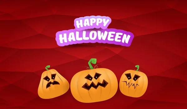 Halloween Horizontal web Banner or poster with Halloween scary pumpkins gang isolated on a red background. Funky kids Halloween concept background with greeting text — Stock Vector