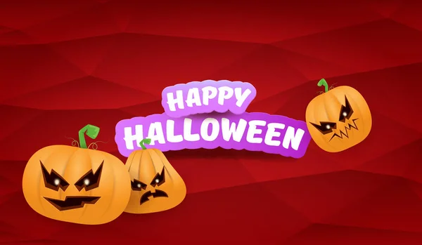 Bannière web horizontale Halloween ou affiche avec gang de citrouilles effrayant Halloween isolé sur un fond rouge. Funky enfants Halloween concept fond avec texte de salutation — Image vectorielle