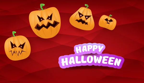 Halloween Horizontal web Banner or poster with Halloween scary pumpkins gang isolated on a red background. Funky kids Halloween concept background with greeting text — Stock Vector