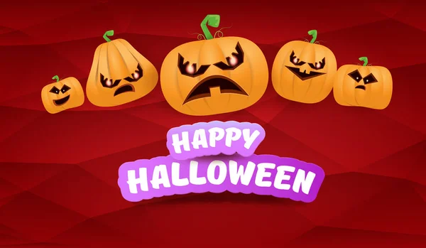 Halloween Horizontal web Banner lub plakat z Halloween straszne dynie gang izolowany na czerwonym tle. Funky dzieci Halloween koncepcja tła z tekstem powitalnym — Wektor stockowy