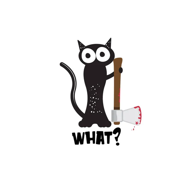 Gato negro y hacha aislados sobre fondo blanco. Gracioso gato negro de Halloween sosteniendo un hacha sangrienta. Ilustración del concepto Halloween — Vector de stock