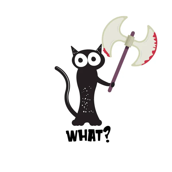 Gato preto e machado isolado em fundo branco. Gato preto Halloween engraçado segurando um machado sangrento. ilustração conceito Halloween — Vetor de Stock
