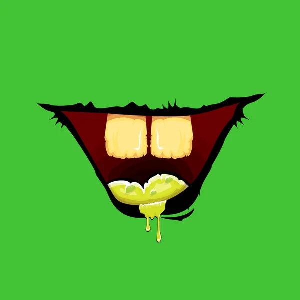 Dibujos animados vectorial divertida boca monstruo zombie con dientes podridos aislados sobre fondo verde. Vector feliz Halloween niños camiseta plantilla de diseño con la boca del monstruo funky — Vector de stock