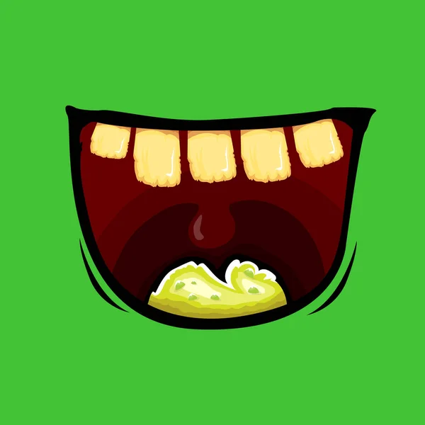 Vector Cartoon lustige Zombie-Monster Mund mit faulen Zähnen isoliert auf grünem Hintergrund. Vector Happy Halloween Kinder T-Shirt Design-Vorlage mit flippigem Monstermund — Stockvektor