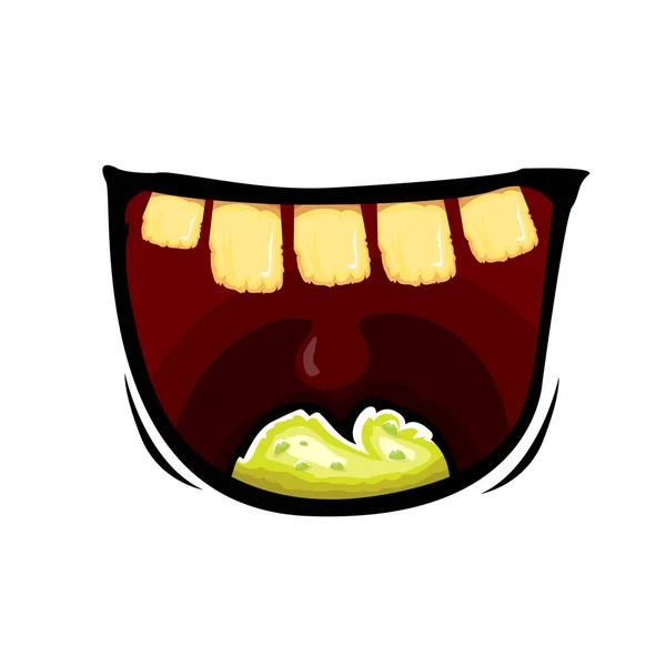 Vector cartoon funny zombie monster mouth with rotten teeth isolated on white background. Vector happy Halloween kids t-shirt design template with funky monster mouth — Stock Vector