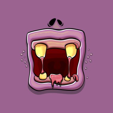 Menekşe arkaplanda çürük dişli komik, aptal zombi canavar ağızlı vektör çizgi filmi. Mutlu Cadılar Bayramı çocukları tişört tasarlama şablonu.