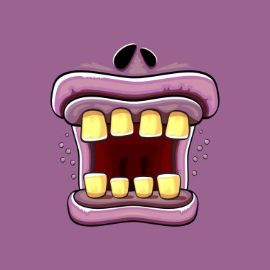 Menekşe arkaplanda çürük dişli komik, aptal zombi canavar ağızlı vektör çizgi filmi. Mutlu Cadılar Bayramı çocukları tişört tasarlama şablonu.