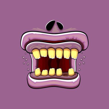 Menekşe arkaplanda çürük dişli komik, aptal zombi canavar ağızlı vektör çizgi filmi. Mutlu Cadılar Bayramı çocukları tişört tasarlama şablonu.