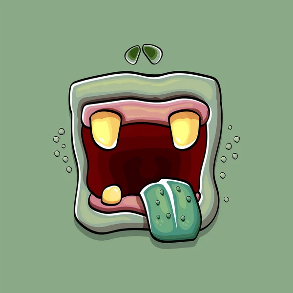 Vector cartoon funny silly zombie monster mouth with rotten teeth isolated on a green background. Vector happy Halloween kids t-shirt design template with funky monster mouth — Stock Vector