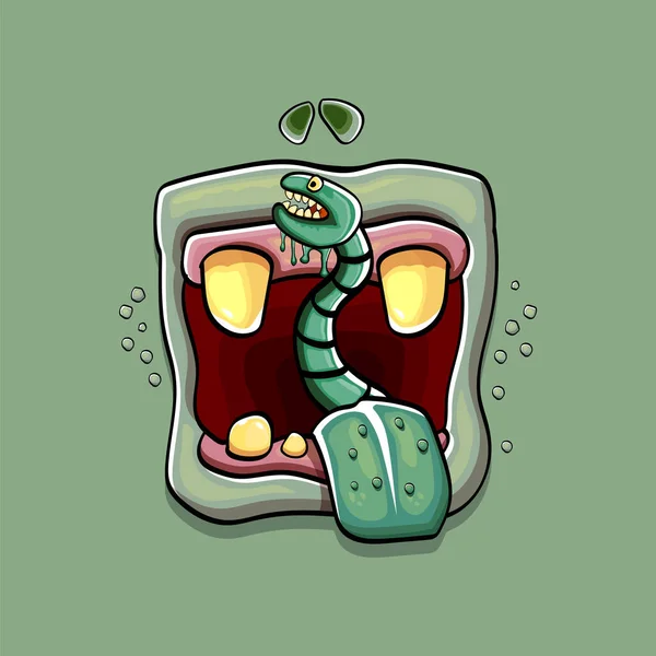 Vector cartoon funny silly zombie monster mouth with rotten teeth and green worm isolated on green background. Vector happy Halloween kids t-shirt design template with funky monster mouth — Stock Vector