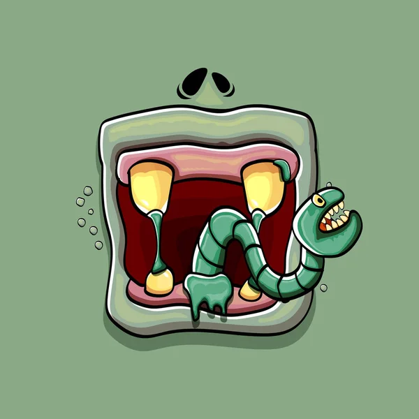 Vector dessin animé drôle stupide zombie monstre bouche avec des dents pourries et ver vert isolé sur fond vert. Modèle de conception de t-shirt enfant heureux vecteur Halloween avec bouche monstre funky — Image vectorielle