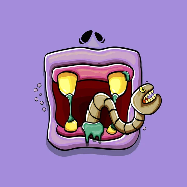 Vector Cartoon lustige dumme Zombie-Monster Mund mit faulen Zähnen und grünen Wurm isoliert auf violettem Hintergrund. Vector Happy Halloween Kinder T-Shirt Design-Vorlage mit flippigem Monstermund — Stockvektor