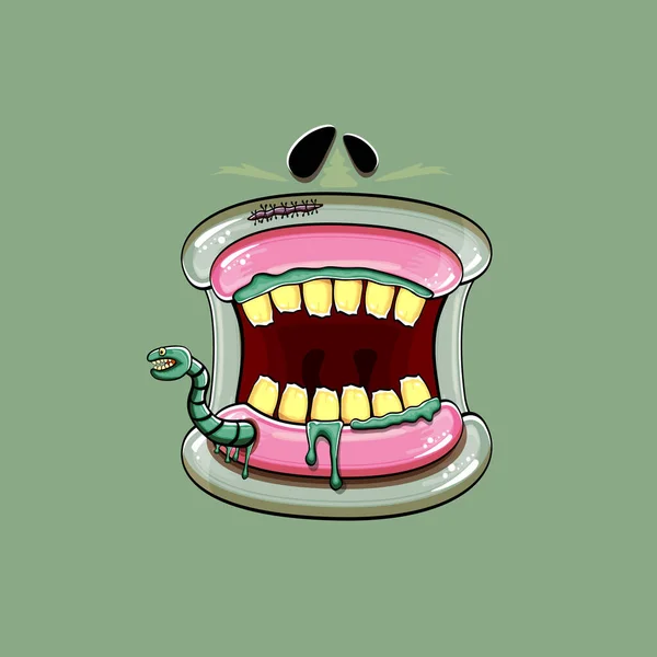 Vector cartoon funny silly zombie monster mouth with rotten teeth and green worm isolated on green background. Vector happy Halloween kids t-shirt design template with funky monster mouth — Stock Vector