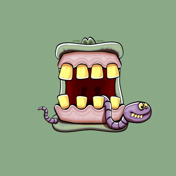 Vettore cartone animato divertente bocca mostro zombie sciocco con denti marci e verme verde isolato su sfondo verde. Vettore felice Halloween bambini t-shirt modello di design con funky bocca mostro — Vettoriale Stock