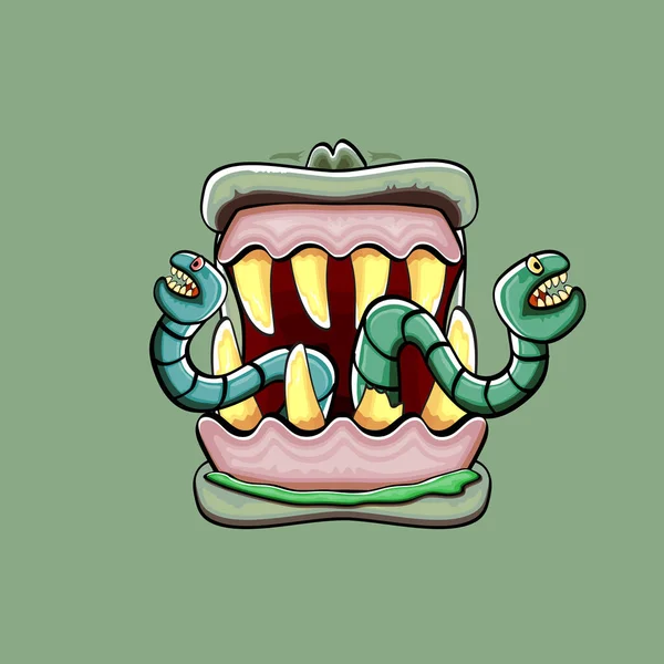 病媒漫画滑稽愚蠢的僵尸怪物嘴与腐烂的牙齿和绿色蠕虫隔离的绿色背景。病媒快乐万圣节孩子T恤设计模板与时髦怪物嘴 — 图库矢量图片