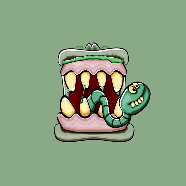 Dibujos animados vectorial divertida boca monstruo zombie tonto con dientes podridos y gusano verde aislado sobre fondo verde. Vector feliz Halloween niños camiseta plantilla de diseño con la boca del monstruo funky — Vector de stock