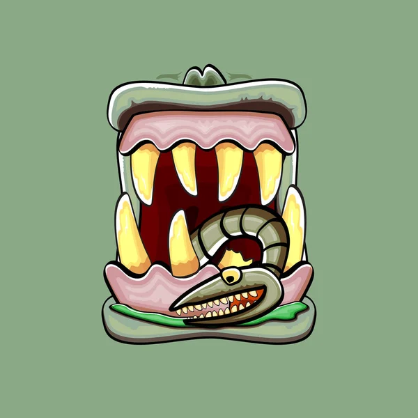 Διάνυσμα κινούμενα σχέδια αστεία ανόητο ζόμπι τέρας στόμα με σάπια δόντια και πράσινο σκουλήκι απομονώνονται σε πράσινο φόντο. Vector Happy Halloween παιδιά t-shirt πρότυπο σχεδιασμού με funky στόμα τέρας — Διανυσματικό Αρχείο