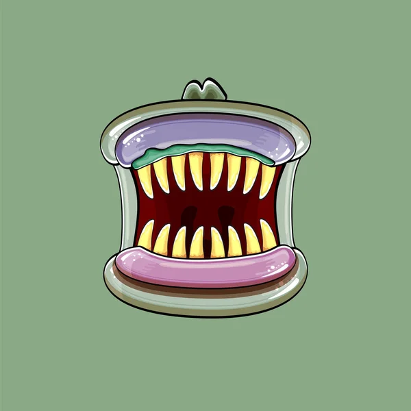 Vektor karikatura legrační hloupé zombie monster ústa s prohnilé zuby izolované na zeleném pozadí. Vektor šťastný Halloween děti tričko design šablona s funky monster ústa — Stockový vektor