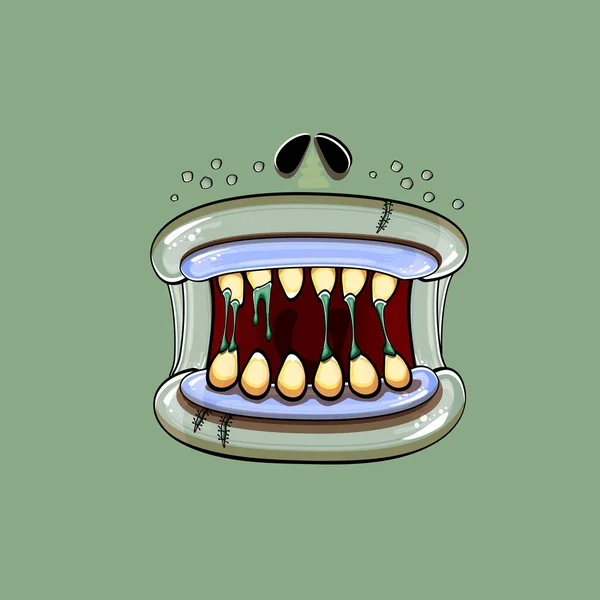 Dibujos animados vectorial divertida boca monstruo zombie tonto con dientes podridos aislados sobre un fondo verde. Vector feliz Halloween niños camiseta plantilla de diseño con la boca del monstruo funky — Vector de stock