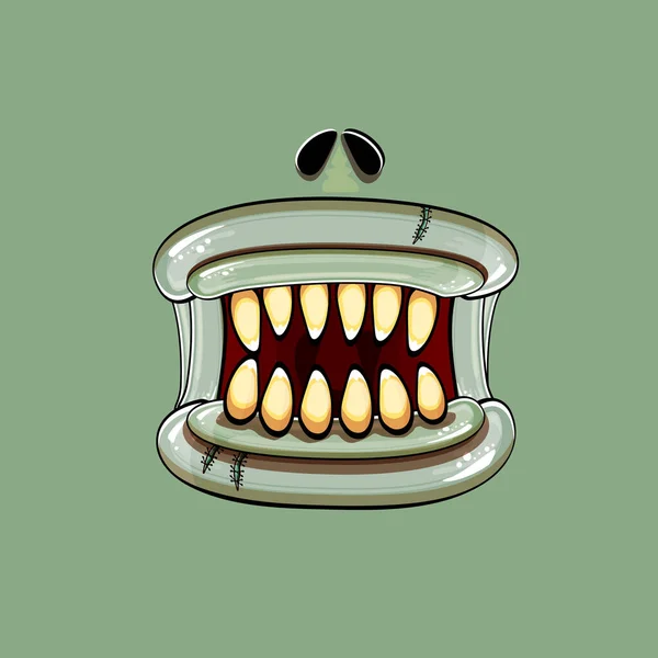 Vector Cartoon lustige dumme Zombie-Monster Mund mit faulen Zähnen isoliert auf einem grünen Hintergrund. Vector Happy Halloween Kinder T-Shirt Design-Vorlage mit flippigem Monstermund — Stockvektor