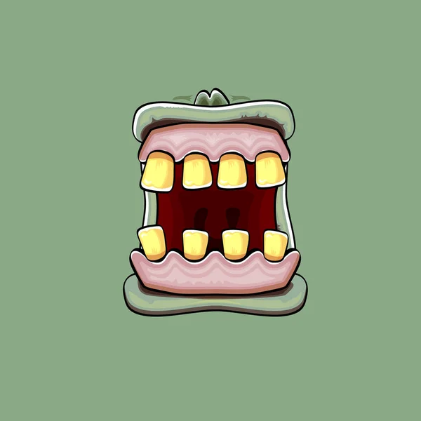 Vector cartoon funny silly zombie monster mouth with rotten teeth isolated on a green background. Vector happy Halloween kids t-shirt design template with funky monster mouth — Stock Vector