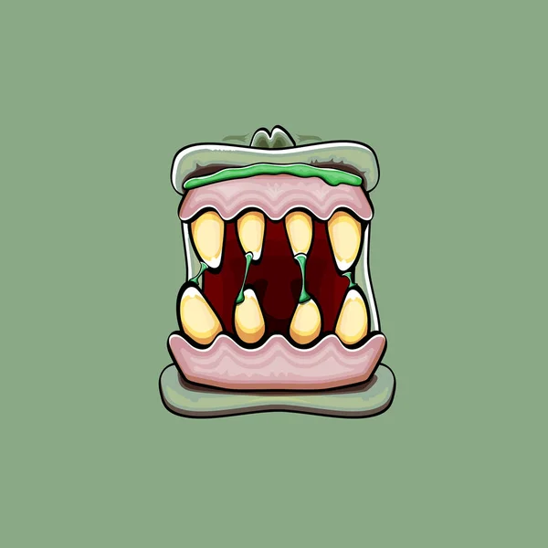 Vektor karikatura legrační hloupé zombie monster ústa s prohnilé zuby izolované na zeleném pozadí. Vektor šťastný Halloween děti tričko design šablona s funky monster ústa — Stockový vektor