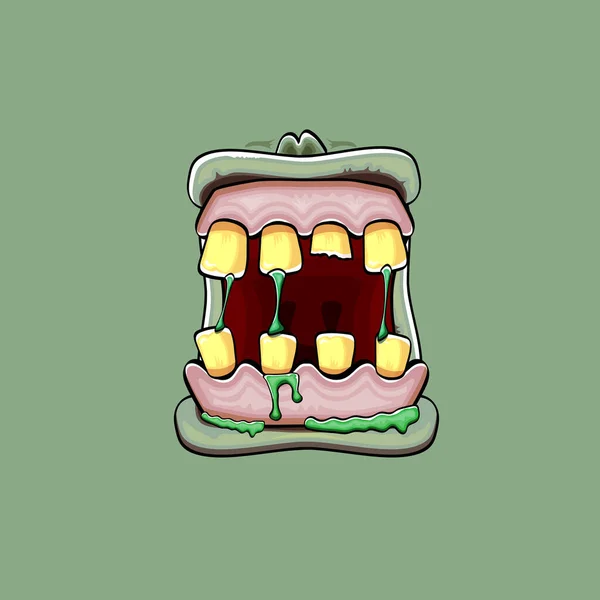 Dibujos animados vectorial divertida boca monstruo zombie tonto con dientes podridos aislados sobre un fondo verde. Vector feliz Halloween niños camiseta plantilla de diseño con la boca del monstruo funky — Vector de stock