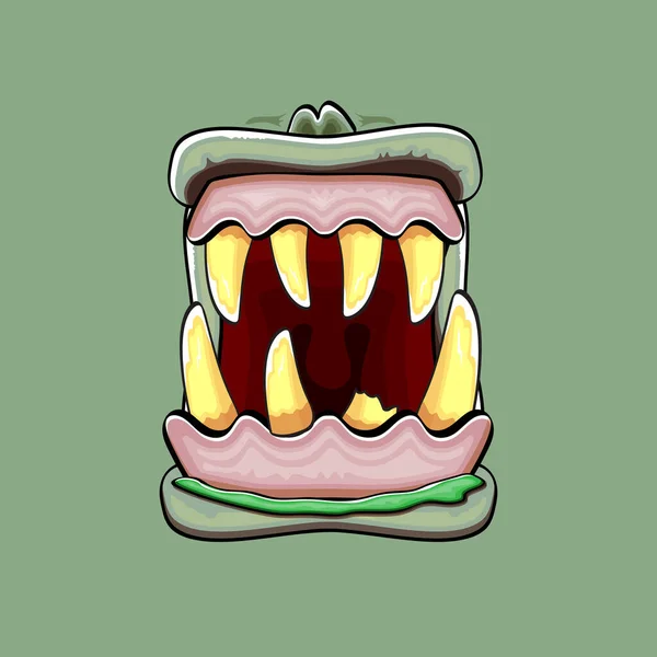 Διάνυσμα κινούμενα σχέδια αστείο ανόητο ζόμπι στόμα τέρας με σάπια δόντια απομονώνονται σε ένα πράσινο φόντο. Vector Happy Halloween παιδιά t-shirt πρότυπο σχεδιασμού με funky στόμα τέρας — Διανυσματικό Αρχείο