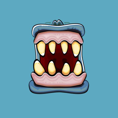 Mavi arka planda çürük dişli komik, aptal zombi canavar ağızlı vektör çizgi filmi. Mutlu Cadılar Bayramı çocukları tişört tasarlama şablonu.