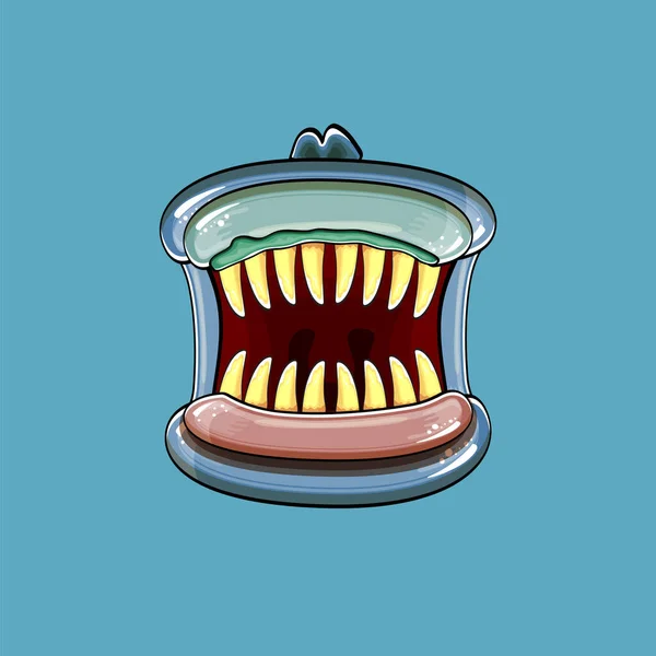 Vektor karikatura legrační hloupé zombie monster ústa s prohnilé zuby izolované na modrém pozadí. Vektor šťastný Halloween děti tričko design šablona s funky monster ústa — Stockový vektor