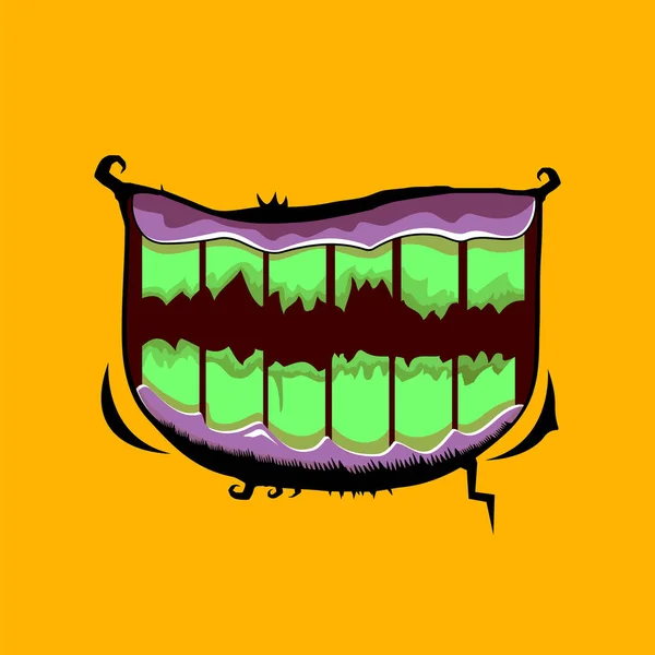 Vector Cartoon lustige Zombie-Monster Mund mit faulen Zähnen isoliert auf orangefarbenem Hintergrund. Vector Happy Halloween Kinder T-Shirt Design-Vorlage mit flippigem Monstermund — Stockvektor