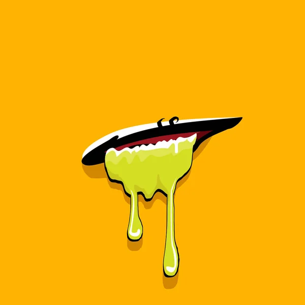 Vektor kartun lucu zombie mulut rakasa dengan lendir hijau terisolasi pada latar belakang oranye. Vektor bahagia Halloween anak-anak t-shirt desain templat dengan mulut monster funky - Stok Vektor