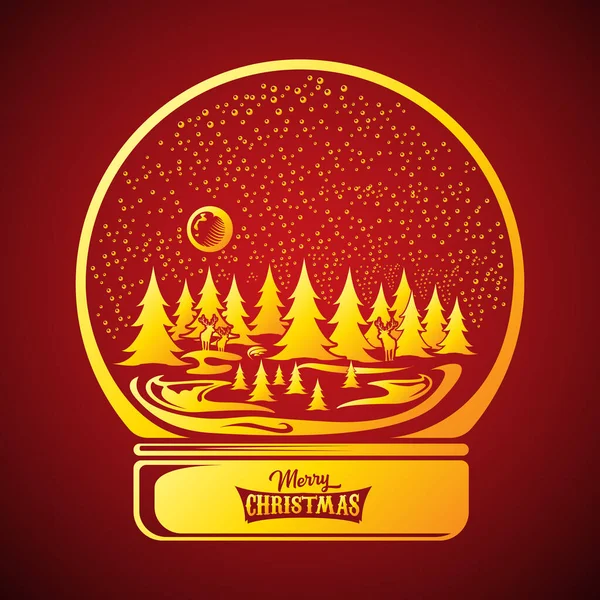 Merry christmas greeting card with christmas snowball or snow globe golden silhuette icon with xmas tree, sky, moon, deer and greeting christmas text isolated on red christmas background.
