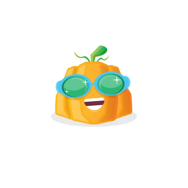 Vector grappige cartoon pompoen karakter met zonnebril geïsoleerd op witte achtergrond. funky lachende herfst plantaardige karakter. Halloween cartoon glimlachende pompoen — Stockvector