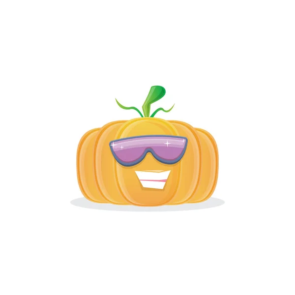 Vector divertido personaje de calabaza de dibujos animados con gafas de sol aisladas sobre fondo blanco. carácter vegetal de otoño sonriente funky. Calabaza sonriente de dibujos animados de Halloween — Vector de stock