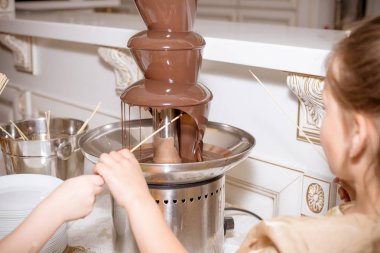 Çikolata çeşmesi meyve ile. Çikolata çeşmesi çocukların Doğum günü partisi. Lezzetli tatlı concept.fruit ve aperatif ve çikolata çeşmesi. taze olgun çilek çikolata ile