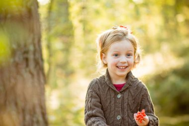 Rowanberry tutan şirin yürümeye başlayan çocuk kız örme kazak giyiyor. Rowan berry boncuk güneşli sonbahar bahçesinde oynarken sonbahar, kırmızı ve sarı leaves.cute kız çocuk. O bir turuncu rowan onun elinde tutar. Kopya