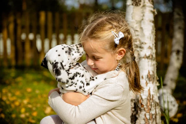 Little cute blonde girl playing with her Dalmatian puppy outdoo, on sunny warm autumn day.care of Pets concept. Child kisses,hugging her dog, the concept of childrens and dog emotions, of friendship — Stock Photo, Image