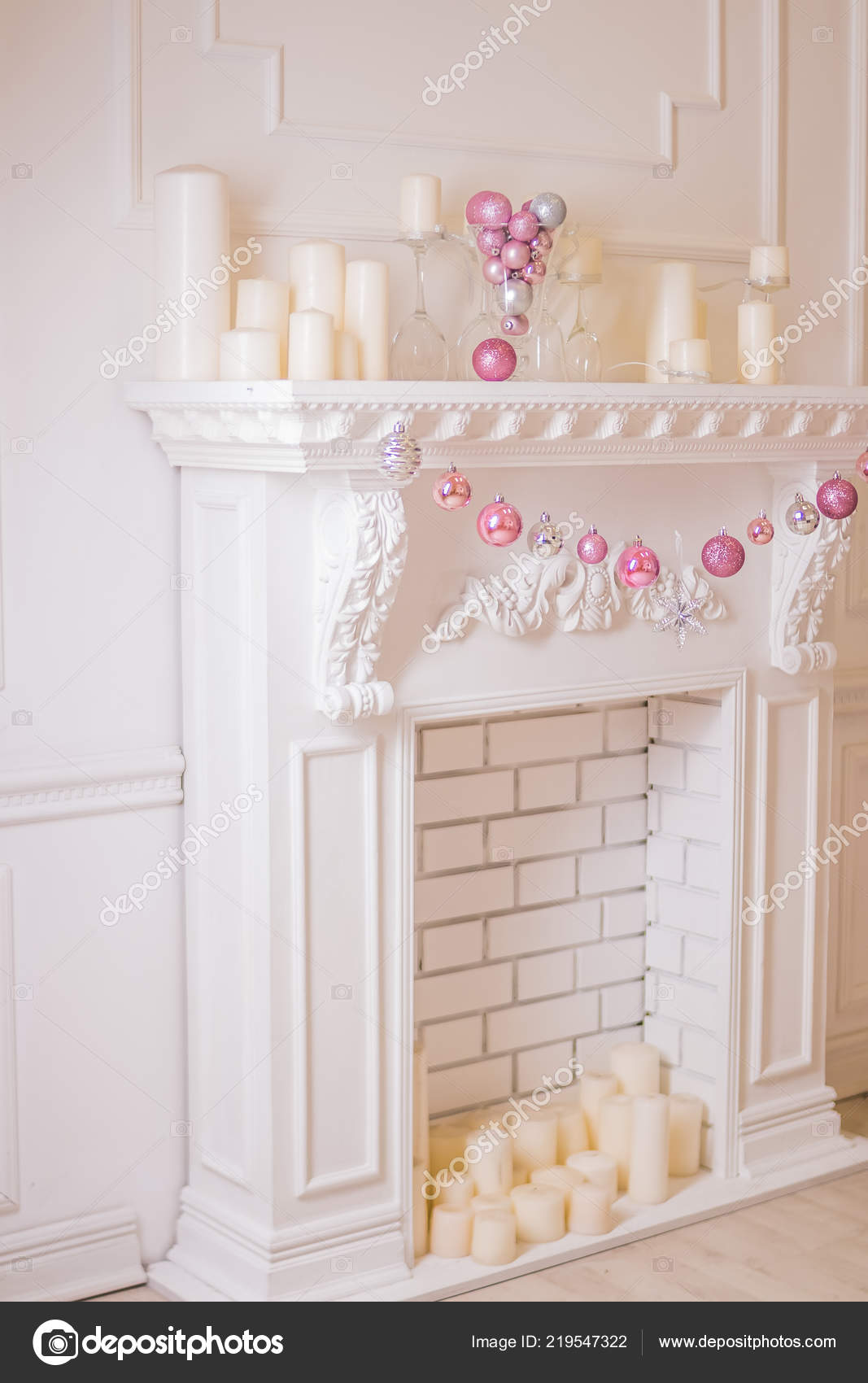 Beautiful Holiday Decorated Room With Tree Fireplace And Beautiful Holiday Decorated Room With Tree Fireplace And Many Candles Cozy Winter Scene White Interior Decorative