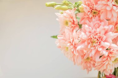 Pembe portakal kasımpatı çiçeği. Yukarıda da görüleceği buket. 8 Mart için karanfil, krizantem ve Limonium flowers.blossom. Çiçek tebrik kartı. Çiçek aranjmanı karışık: farklı çeşitli Gerber'ler