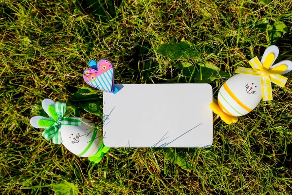 Blank greeting card with small easter eggs in the grass.Easter eggs on meadow. Spring holidays concept .Easter composition with easter eggs .Mockup white greeting card — Stock Photo, Image