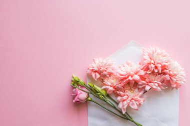 Bir zarf içinde pembe krizantem demet. size bir mesaj. Mutlu anneler günü. arka plan çiçekler. Anneler günü greting kartı.