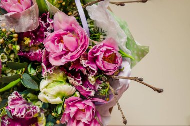 Muhteşem mor Çift Kişilik geç Tulip, Şakayık çiçekli lale, cins tulipa melez türler. Şık çiçek tebrik kartı. Teşekkür ederim, anne. Buket düğün. Bahar tatil tebrik kartı.