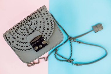 Moda ve trendy kavramı. Deri çanta. Gri renkli arka plan üzerinde çanta. Deri çanta izole. Casual kadın omuz çantası kapatın. zinciri ile el çantası. Tasarım kadın Aksesuar