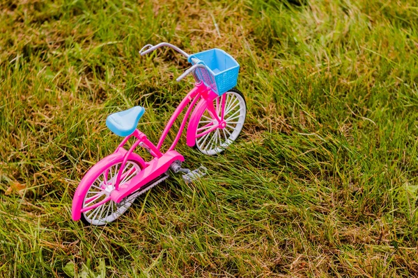 Pequeña, decorativa, elegante, rosa, bicicleta femenina. Juguetes infantiles. Juguete de bicicleta para muñecas. Una bicicleta para niño en color rosa. Una bici rosa con ruedas de entrenamiento. modelo de bicicleta en la hierba. Concepto de vida deportiva activa —  Fotos de Stock