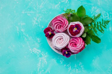 Marshmallow Berry lezzet, pembe renk. Turkuaz arka planda Zephyr. çay partisi. tatlı tatlı, şeker Bar. Zarif ev yapımı Zephyr veya Marshmallow. Taze frenk üzümü Zephyr. Tatlı Meringues