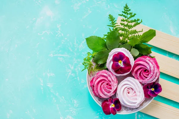 Marshmallow Berry lezzet, pembe renk. Turkuaz arka planda Zephyr. çay partisi. tatlı tatlı, şeker Bar. Zarif ev yapımı Zephyr veya Marshmallow. Taze frenk üzümü Zephyr. Tatlı Meringues