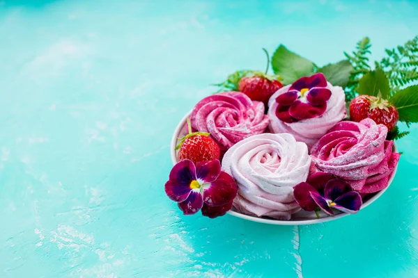 Marshmallow Berry lezzet, pembe renk. Turkuaz arka planda Zephyr. çay partisi. tatlı tatlı, şeker Bar. Zarif ev yapımı Zephyr veya Marshmallow. Taze frenk üzümü Zephyr. Tatlı Meringues