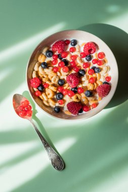 Yunan yoğurdu, süt, granola ve dut karışımı. Üst görünümü.diyet kahvaltı - yulaf gevreği kase, çilek ve taze süt yeşil arka plan üzerinde. sağlık ve diyet kavramı. Müsli ve ahududu ve yaban mersini.