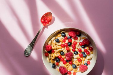 Kahvaltılık gevrekler beyaz bir kapta halkalar. Yulaf ezmesi, pembe arka planda mısır gevreği. Bir otel veya restoranda kahvaltı veya brunch büfesi. Lezzetli ve sağlıklı